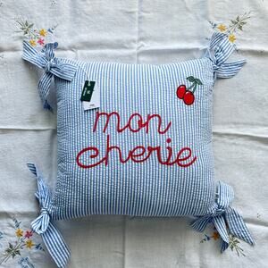 NWT Urban Oufitters Mon Cherie Seersucker Throw Pillow 16x16 Blue White Cherry